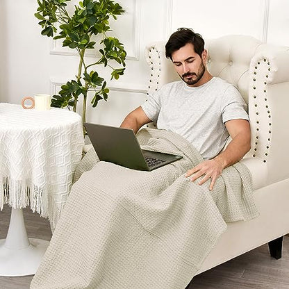 PHF 100% Cotton Waffle Throw Blanket Lightweight Breathable, Linen/Stone - color: Linen/Stone, size: Throw(50" x 60")