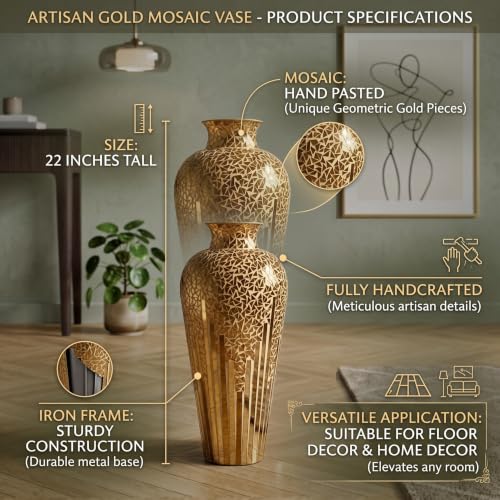 Tall Mosaic Floor Vase 22 Inch – Handmade Multi Golden Sands Glass Mosaic Vase for Pampas Grass & Flowers | Decorative Metal for Living Room, Entryway, Bedroom & Table Centerpiece Decor