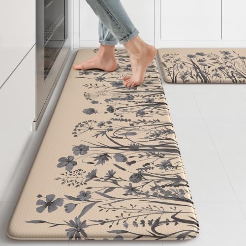 KIMODE Anti Fatigue Kitchen Mats for Floor,Farmhouse Kitchen Rugs Sets of 2 - color: Brown/Grey, size: 47"L x 17.3"W x 0.47"Th + 29"L x 17.3"W x 0.47"Th