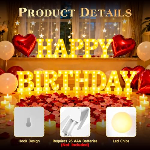 Happy Birthday Light up Letters, Include Tea Lights Candles, Latex Balloons, Aluminum Balloons and Rose Petals, Special Festival, Surprise Gifts for Women and Men - color: Happy Birthday