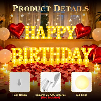 Happy Birthday Light up Letters, Include Tea Lights Candles, Latex Balloons, Aluminum Balloons and Rose Petals, Special Festival, Surprise Gifts for Women and Men - color: Happy Birthday