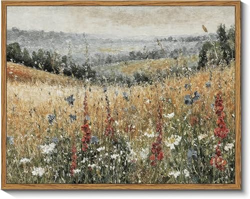 Vintage Framed Countryside Wildflower Field Landscape Wall Art 12"x16" | Vintage/Retro Prints, Countryside scene, HD Print Fade-resistant, Rustic Pastoral Scene, Ready to Hangm, Waterproof Canvas - color: Champ Fleuri, size: 12"L x 16"W