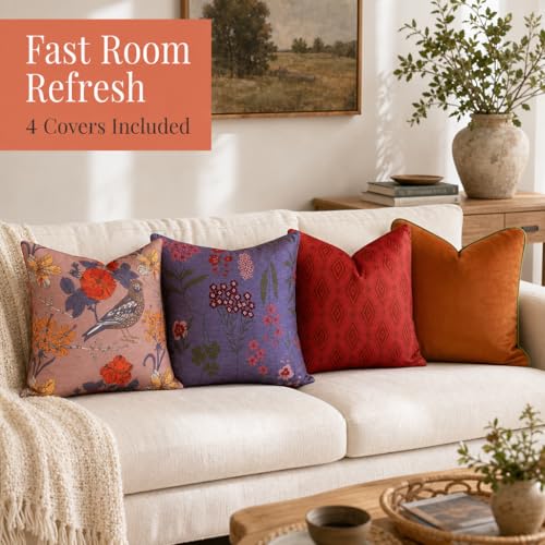 Embroidered Bold Patterned Throw Pillow Covers, 4 Pack Set, 18x18 Inch Floral Printed Modern Accent Pillow Covers - color: Floral