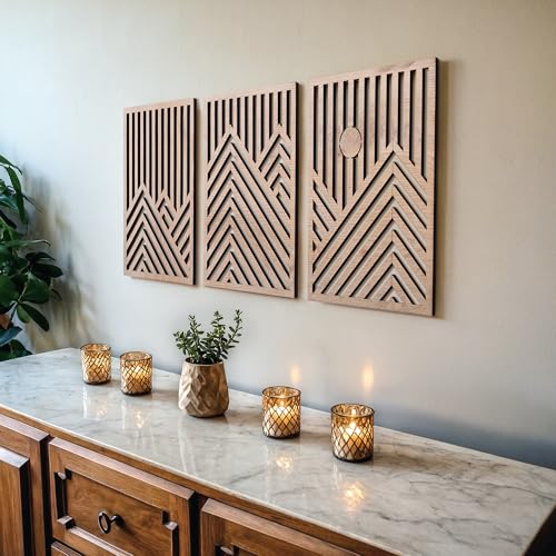 qmmp Modern Wooden Wall Sculptures - Set of 3 - Home Decor Accent - Large Wall Art for Living Room, Bedroom, Office - Easy Installation (Oak, Medium - Mountain and Sun) - color: Oak, size: Medium - Mountain and Sun