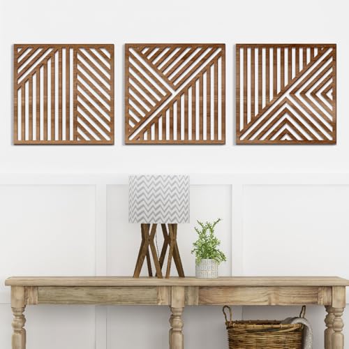 Bnesi 3 Piece Abstract Geometric Wood Wall Art Decor Modern Boho Minimalist Slatted Design Wall Sculpture Art Decor for Living Room Bedroom Home Bathroom (Classic, Medium) - style: Classic