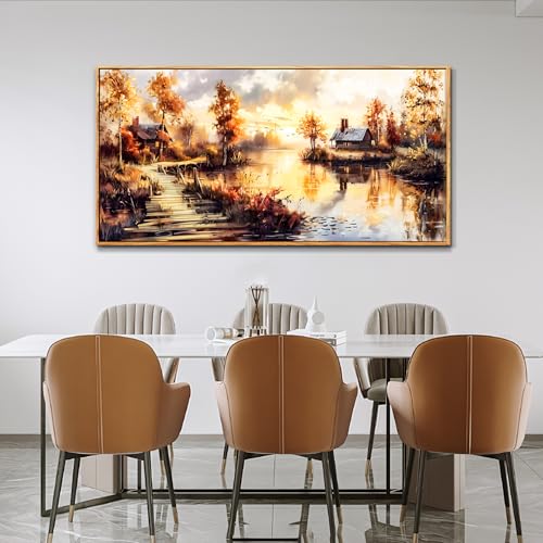 Large Framed Landscape Wall Art, Riverside Meadow Scenery Painting Print - color: Countryside Painting Wood Framed, size: 48"L x 24"W