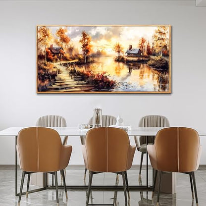 Large Framed Landscape Wall Art, Riverside Meadow Scenery Painting Print - color: Countryside Painting Wood Framed, size: 48"L x 24"W
