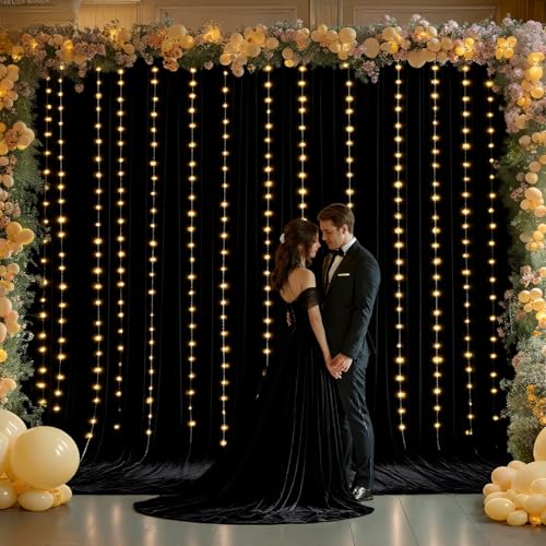 10 x 10ft Black Backdrop Curtains with Lights String for Party - color: Black, size: W5' x H10'(2 panels)