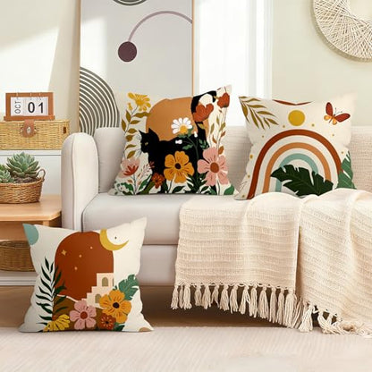 16x16 Set of 4 Tropical Flower Cat Throw Pillow Cushion Covers - size: 16" x 16" (Pack of 4)