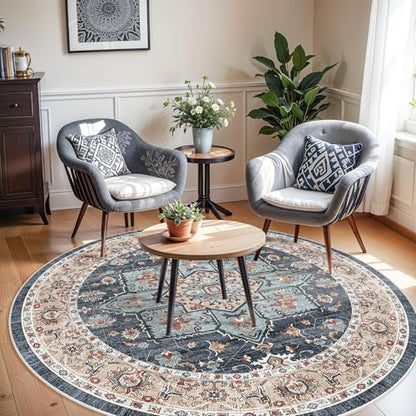 Small 4ft Round Rug: Washable Circle Rug 4ft with Non Slip Backing Playroom - color: Blue/Teal/Orange, size: 4' (Round)