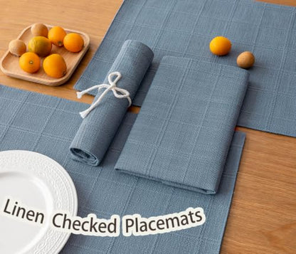 Linen Checked Placemats Set of 6, Blue Rustic Place Mats 12x18 Inch - color: Blue, size: 12×18 Inch (Set of 6)