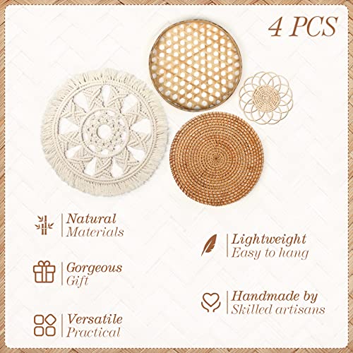 Tatuo 4 Pack Wall Baskets Decor, Round Rattan Bamboo Woven Boho Set