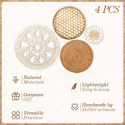 Tatuo 4 Pack Wall Baskets Decor, Round Rattan Bamboo Woven Boho Set