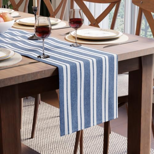 Encasa XO Table Runner, Woven Cotton Dining Linens 13"x72" Blue - color: Franca Blue Stripes, size: 13x72 in