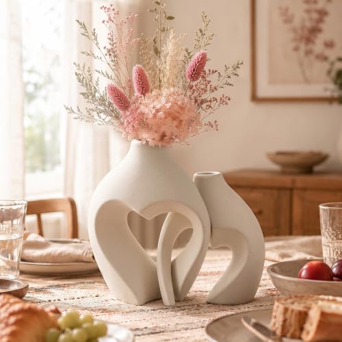White Ceramic Flower Vase Home Table Decor Heart Shaped Vase Set of 2 - color: Pearl White
