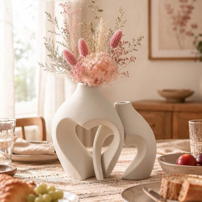 White Ceramic Flower Vase Home Table Decor Heart Shaped Vase Set of 2 - color: Pearl White