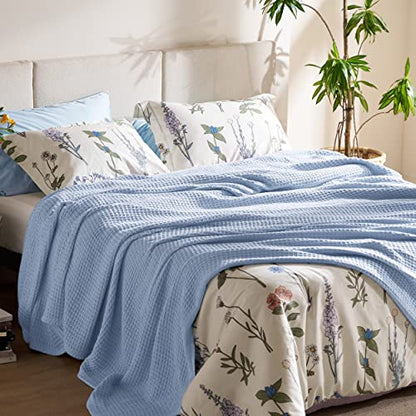 Bedsure 100% Cotton Blanket, Waffle Weave, Queen Size, Light Blue, 90"x90" - color: 09 Light Blue, size: Queen (90" X 90")