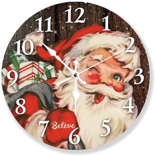 Vintage Santa Claus Silent Non Ticking Wall Clock 12 Inch, Battery Operated, Christmas Round Wood Wall Clocks, Decorative for Living Room, Kitchen, Bedroom, Bathroom, Dining Room or Gifts - color: Vintage Santa Claus