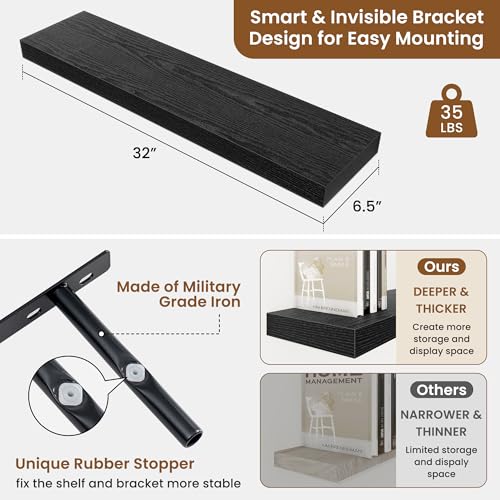Floating Shelves for Wall, Wall Mounted Wood Shelves, Black, Set of 2, 32in - color: Black, size: 32"W x 6.5"D , 2 Pack