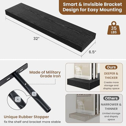 Floating Shelves for Wall, Wall Mounted Wood Shelves, Black, Set of 2, 32in - color: Black, size: 32"W x 6.5"D , 2 Pack