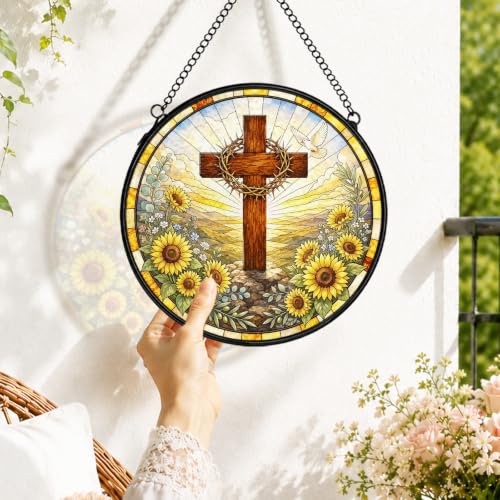 Sunflower Christian Stained Glass Window Hanging Decorations 7.9x7.9 - color: Crucifix-5