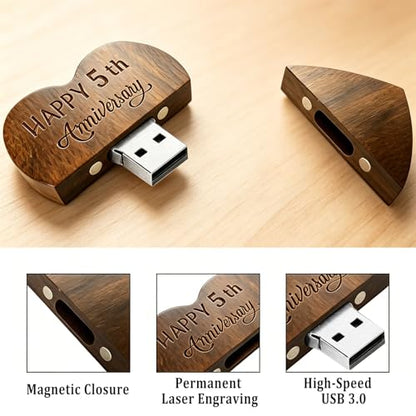 Wood USB Flash Drive 32GB USB3.0 with Box for 5 Year Anniversary (Heart) - color: Walnut(WED Heart USB+box-S), size: 32GB-3.0