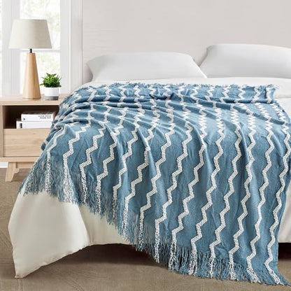 BOURINA Knitted Throw Blanket Boho Chenille Outdoor Blanket,Blue 50x60Inch - color: A-blue, size: 50"×60"