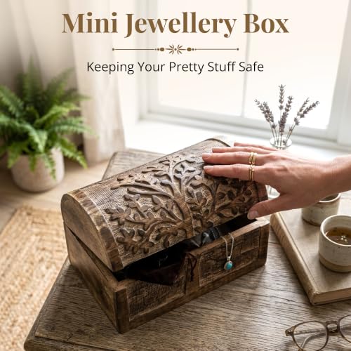 Premium Handmade Wooden Treasure Chest Decorative Trunk for Keepsakes Semicircular Curved Floral Jewellery Box Trinket Box Ladies Jewellery Storage Case Handcrafted Home Decor (Plain Tree)