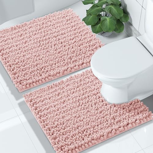 Yimobra Pink Bathroom Rugs Sets 2 Piece, Super Absorbent Bath Mat Set - color: Pink, size: 24''x17''+24''x20''U-Shaped