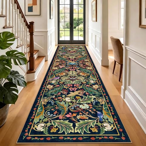 nesrt Boho 3x12 Long Hallway Runner Rugs, Washable Non-Slip Stain Resistant Kitchen Runners Rug, Thin Jungle Bird Indoor Decor Carpet for Bedroom, Living Room, Entryway (Dark Green) - color: Dark Green, size: 3' x 12' (Rectangular)