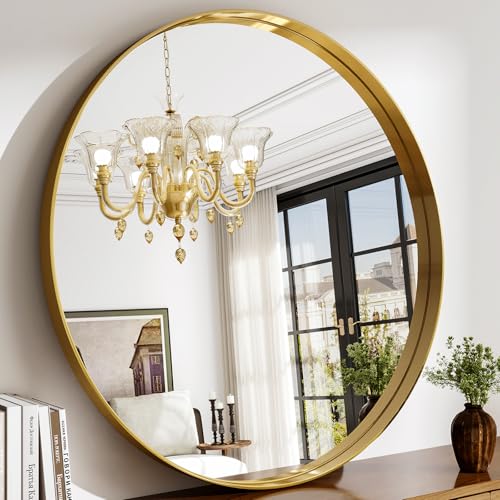 36 Inch Round Bathroom Mirror - Wall Mounted Circle Mirror with Metal Frame, Modern Mirror Suitable for Bathroom, Vanity, Entryway, Living Room, Wall Decor,Gold - color: Gold, size: 36"L x 36"W