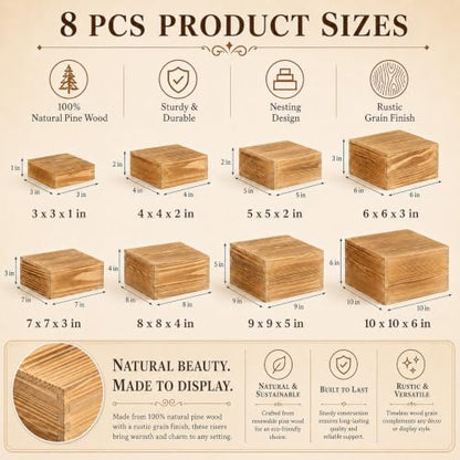 8 Pack Pine Wood Buffet Risers, Multi-Size Food Display Stands