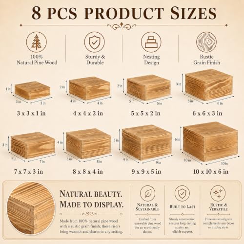 8 Pack Pine Wood Buffet Risers, Multi-Size Food Display Stands