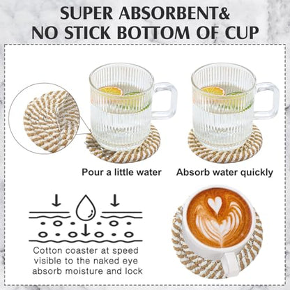 8 Pcs Boho Round Woven Placemats Set of 4/6/8,Trivets for Dishes, Heat Resistant Hot Pads,11.8" Woven Cotton Rope Round Placemats with Basket, 4.3" Drink Coasters with Holder (Mix Brown)