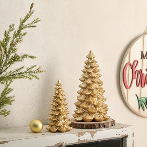 Gold Christmas Tree Figurines Set of 2, Resin Golden Tabletop Christmas Trees, Brass Gold Christmas Decor for Mantel, Shelf, or Tabletop Display, Christmas Holiday Decoration - color: Christmas Tree