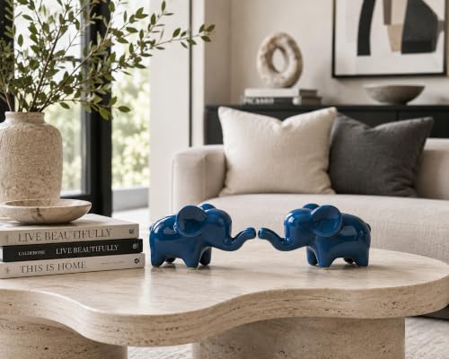 4 Inch Blue Ceramic Elephant Figurines Set of 2 - color: Blue