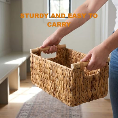 Water Hyacinth Storage Baskets, Wicker Shelf Baskets with Wooden Handle