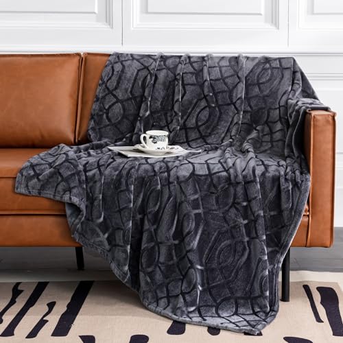 Soft Cozy Fleece Queen Size Blanket, 90x90 Inches – Lightweight Plush Blanket for Bed, Fuzzy 3D Jacquard Design - Dark Grey - color: Dark Grey, size: Queen (90" x 90")