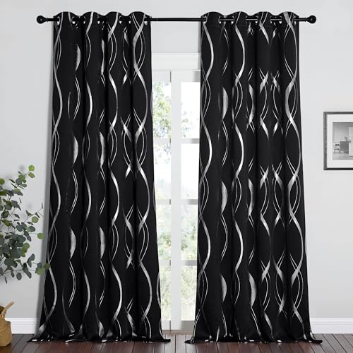 NICETOWN Black Out Curtains 120 inch Long 2 Panels Burg, 52x120 Extra Long Blackout Drapes for Living Room Office Window, Foil Printed Wave Lines Energy Saving Thermal Insulated Draperies for Bedroom - color: 1 - Black, size: 52"W x 120"L (Pack of 2)