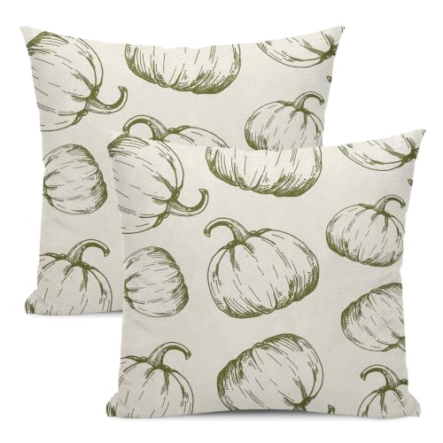 Fall Decor Pillow Covers 18x18 Set of 2 Sage Green Pumpkin Decorative Throw Pillow Covers Outdoor Autumn Thanksgiving Pumpkin Pillowcase for Decorative Linen Cushion Covers for Sofa Couch Home - color: Green Pumpkin 3, size: 18" x 18" (Pack of 2)