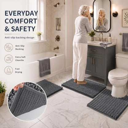 Yimobra Bathroom Rug Set 3 Piece, Super Absorbent Bath Mat Set, Dark Gray - color: Dark Gray, size: 24"x20" + 30"x20"+ 44"x24"