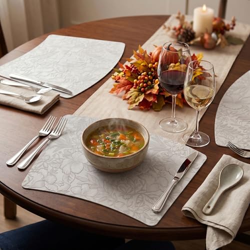 Faux Leather Set of 6, Placemats with Carving Floral Design - color: Gray