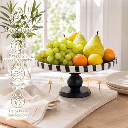 Pedestal Ceramic Fruit Bowl 7.3" Black Striped Decorative Bowl Modern Serving Tray for Kitchen Counter, Bread Fruit Salad Dessert Display Trays, Chic Key Holder for Entry Table Home Decor