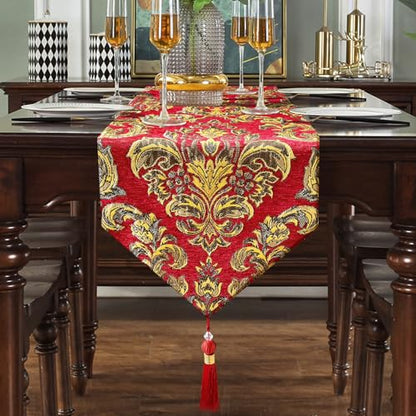 Elegant Table Runners 72 inches Long Chenille with Tassels Red Christmas - color: Red, size: 13x72”