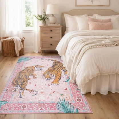 Moynesa Pink Tiger 5x7 Rug for Living Room, Washable Boho Bedroom Area Rug - color: Pink, size: 5' x 7' (Rectangular)