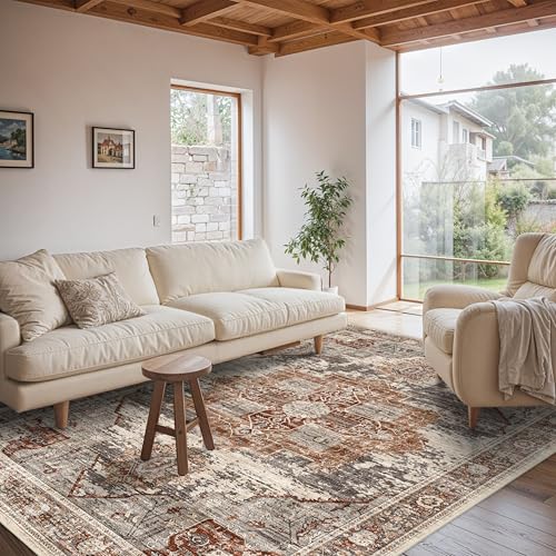Living Room 6x9 Area Rug - Vintage Washable Rugs with Non Slip Backing Soft Stain Resistant Carpet for Bedroom Indoor Ultra-Thin Low Pile Carpets Home Decor Mat 6x9 Brick - color: Brick, size: 6' x 9' (Rectangular)