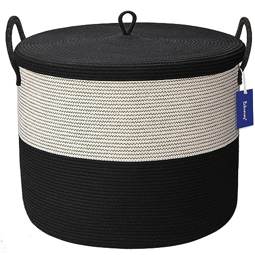 21" x 18"Extra Large storage baskets,Eco-friendly rope baskets with lid,blanket basket living room with lid,hampers for bedroom,big,round, Black 115L - color: White & Black