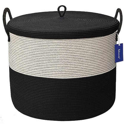 21" x 18"Extra Large storage baskets,Eco-friendly rope baskets with lid,blanket basket living room with lid,hampers for bedroom,big,round, Black 115L - color: White & Black