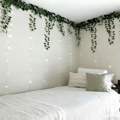 Knitgrip 12 Pcs Fake Vines with Fairy Lights for Room Artificial Ivy Vines - color: Green, size: Pothos Leaves
