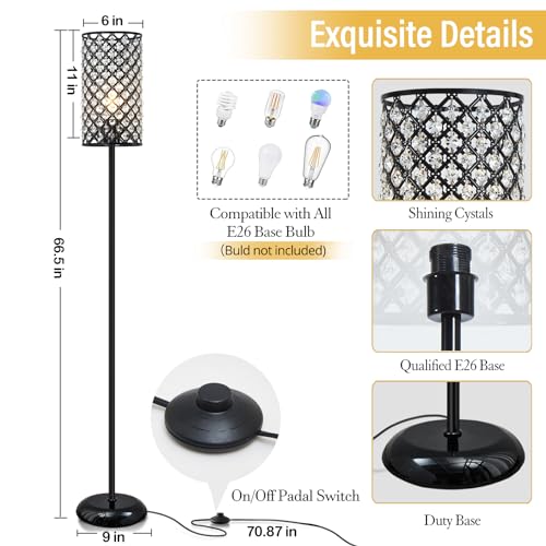 GyroVu Crystal Floor Lamp, Modern Standing Lamp with Elegant Shade Black Floor Lamp with On/Off Foot Switch,Tall Pole Accent Lighting for Living Room, Girl Bedroom, Dresser, Office - color: Black